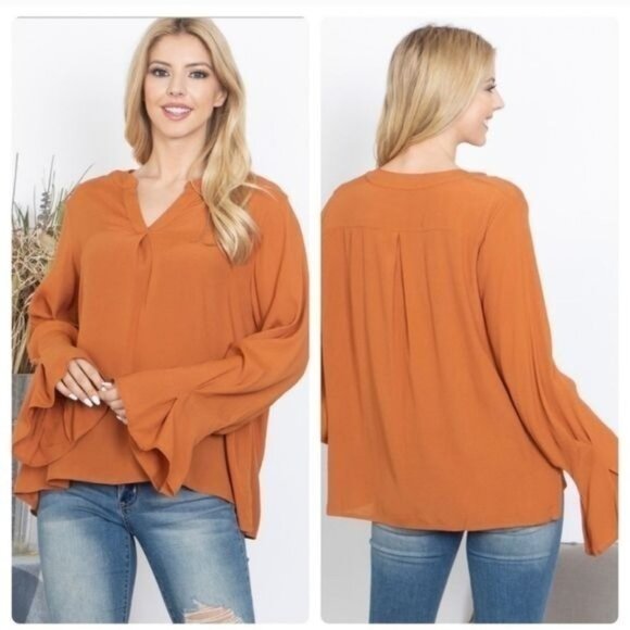 Flowy Rust Orange V-Neck Bell Sleeve Blouse Top Lightweight -NEW - Picture 2 of 12